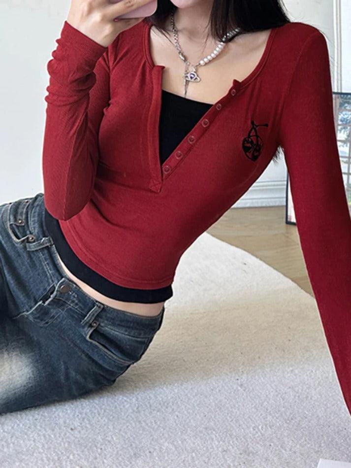 Contrast Color Print Fake Two Piece Long Sleeve Knit