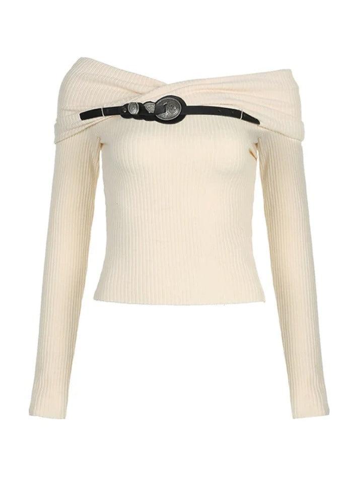 Crossover Off Shoulder Belted Long Sleeve Knit