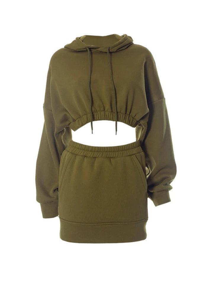 Solid Hooded Cropped Elastic High Rise Two Piece
