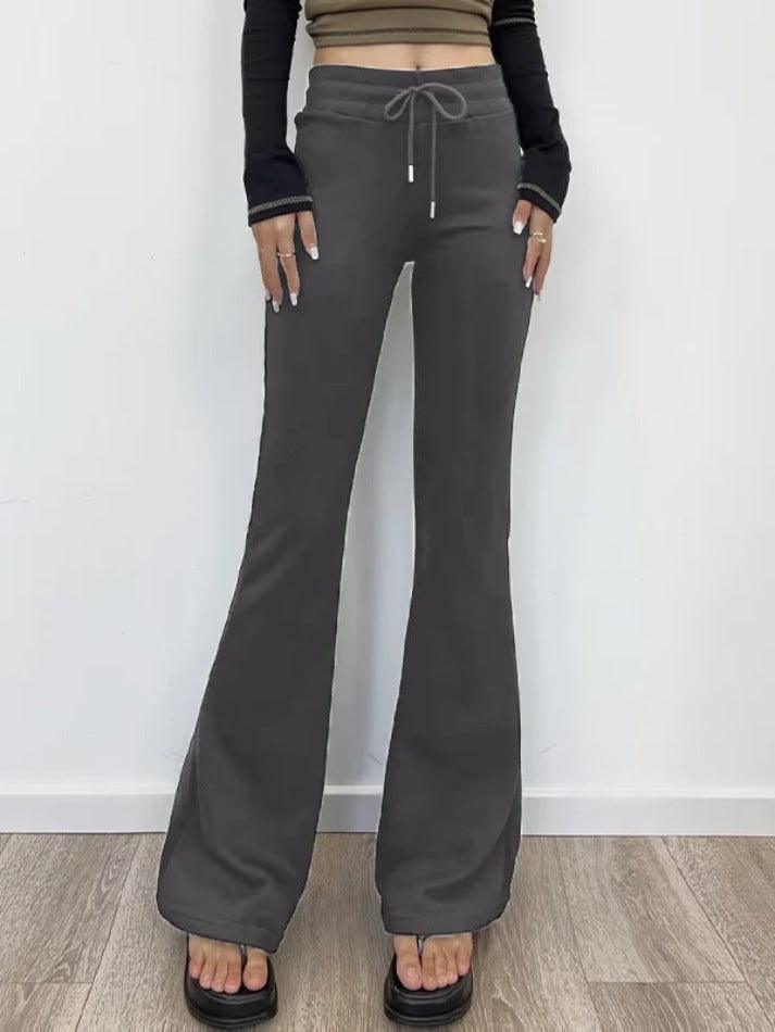 Solid Low Rise Drawstring Flare Leg Pants