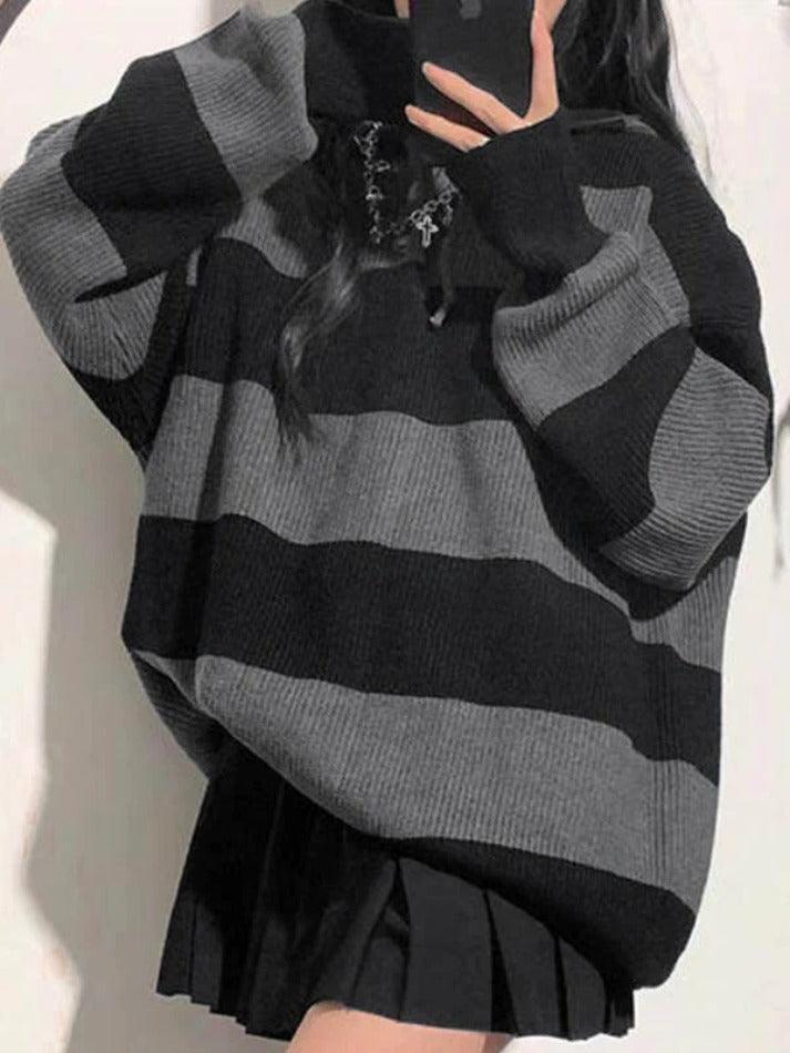 Stripe Splice Hooded Baggy Knit Sweater