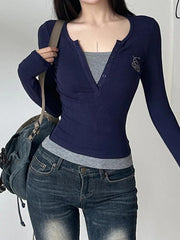 Contrast Color Print Fake Two Piece Long Sleeve Knit