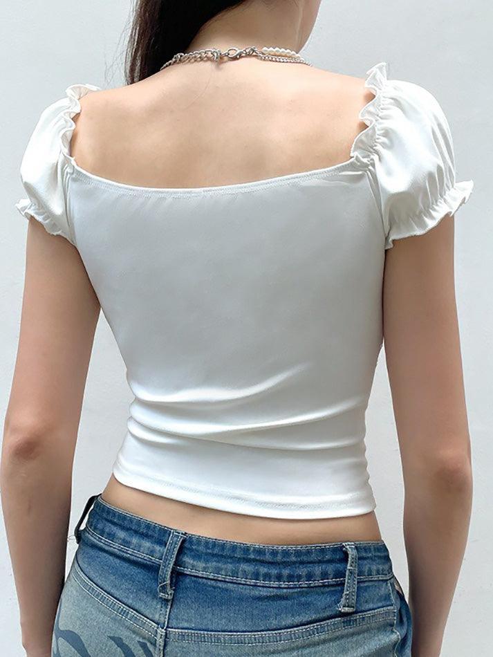 Ruffle Tie Solid White Bubble Sleeve Tee