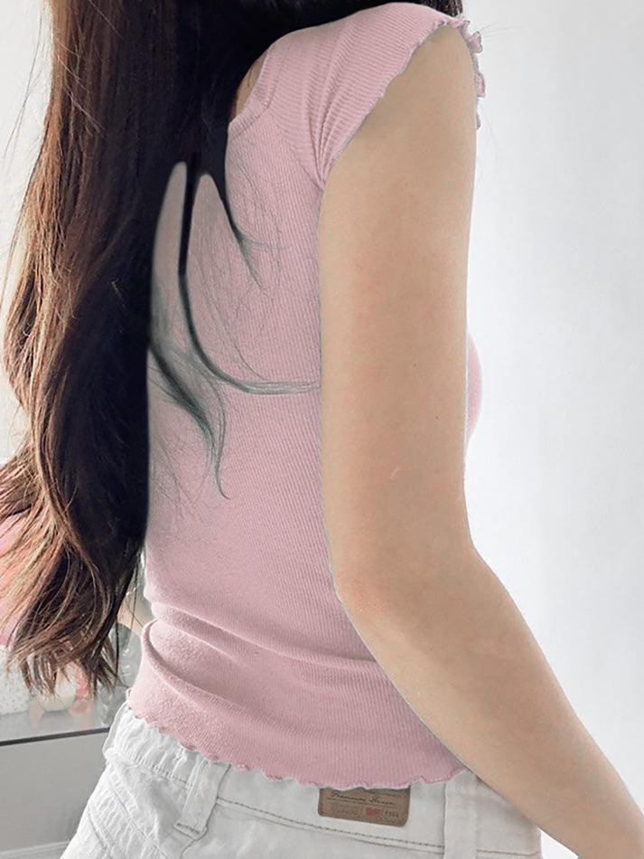 Tie Front Lace Trim Shirred Tee