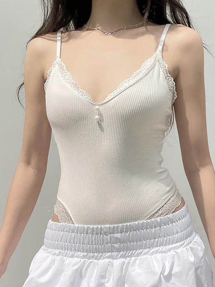 Spaghetti Strap V-Neck Lace-Trim Bodysuit Top