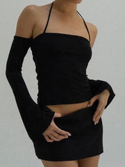 Solid Halter Off Shoulder Long Sleeve Tee