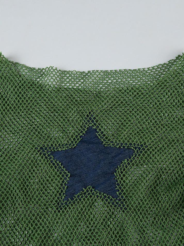 Contrast Star Cutout Mesh Long Sleeve Top