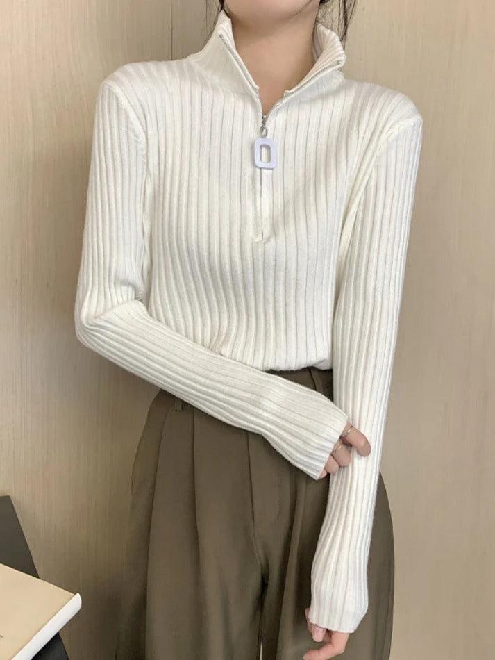 Solid Half Zip Ribbed Knit Sweater