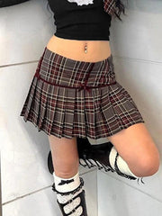 Vintage Plaid Print Bow Decor Pleated Low Rise Mini Skirt