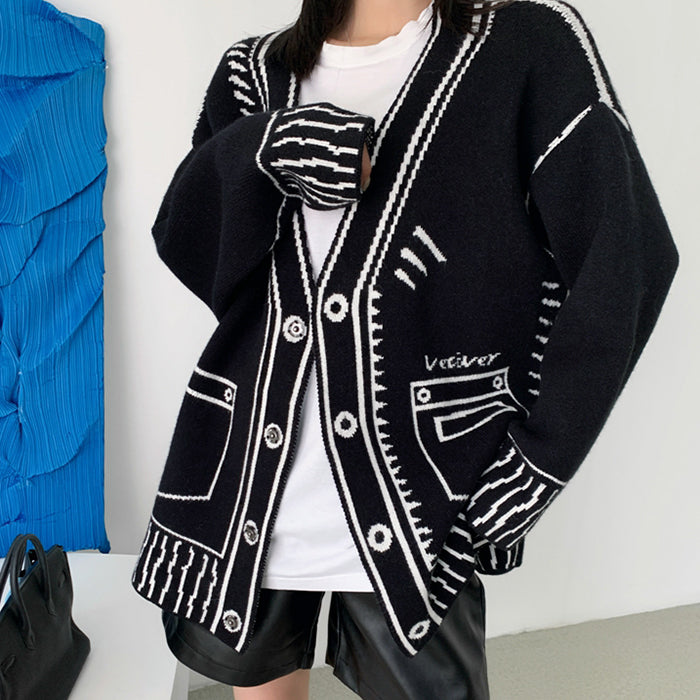 2D Cartoon Outline Knitted Cardigan