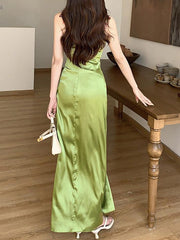 Sexy Spaghetti Strap Floral Satin Maxi Dress