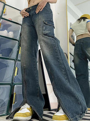 Vintage Wash Multi Pocket Zip Up Cargo Jeans