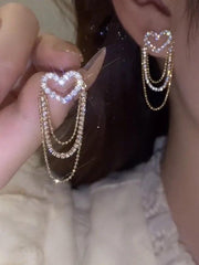 Tassel Chain Rhinestone Heart Earring