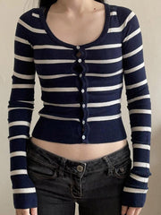 Basic Stripe Buttons Up Knit Sweater