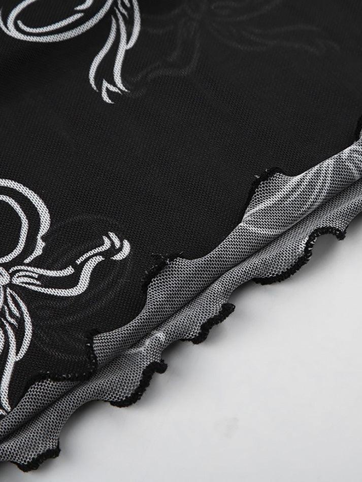 Vintage Bow Print Mesh Midi Skirt