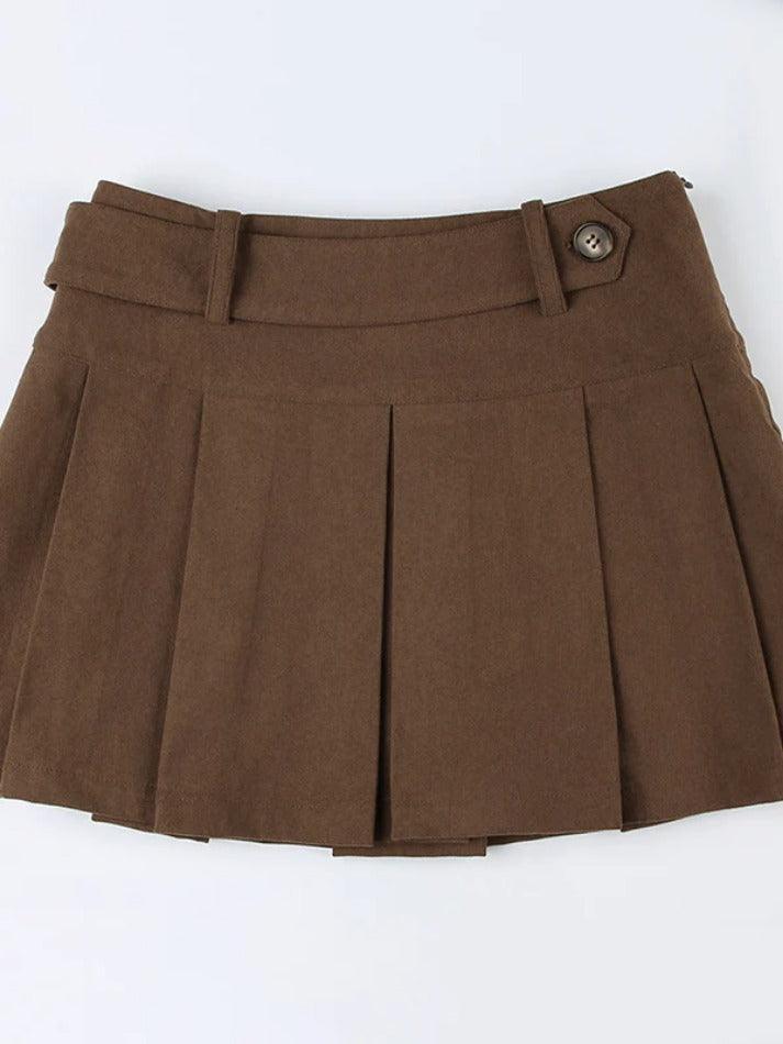 Vintage Brown Corduroy Belted Pleated Mini Skirt