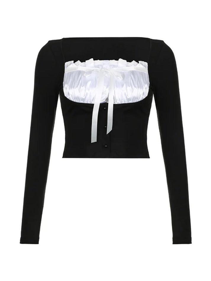 Splice Bow Square Neck Fake Two Piece Long Sleeve Tee