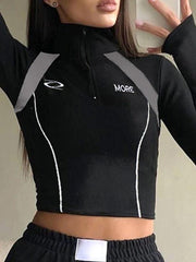 Color Block Splice Quarter Zip Long Sleeve Tee