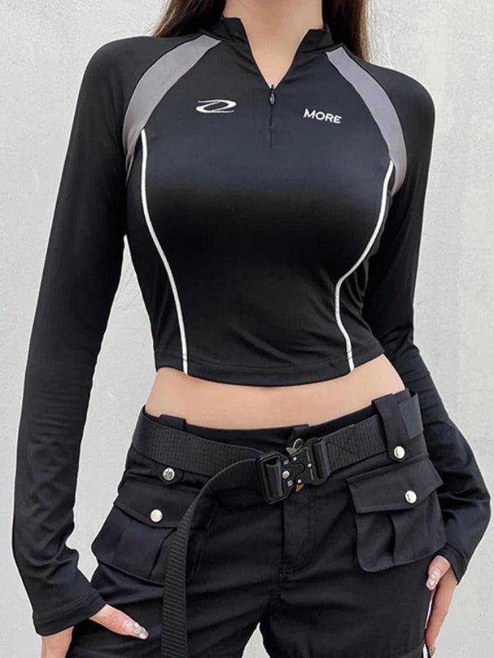 Color Block Splice Quarter Zip Long Sleeve Tee