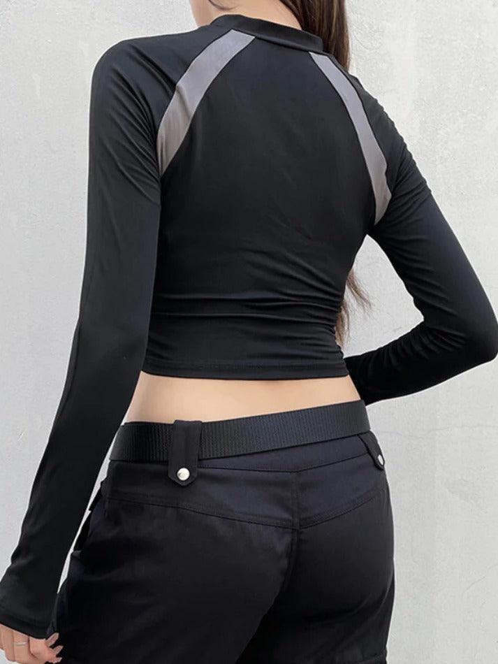 Color Block Splice Quarter Zip Long Sleeve Tee