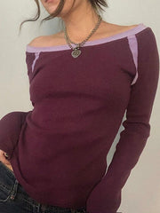 Contrast Color Off Shoulder Long Sleeve Tee