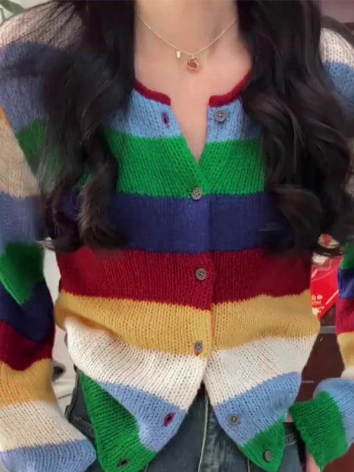 Contrast Color Rainbow Stripe Cardigan