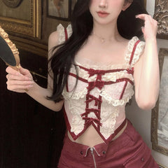 White & Red Coquette Lace Corset Top