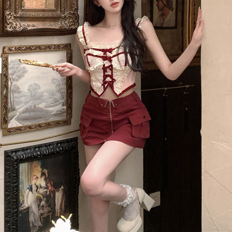 White & Red Coquette Lace Corset Top