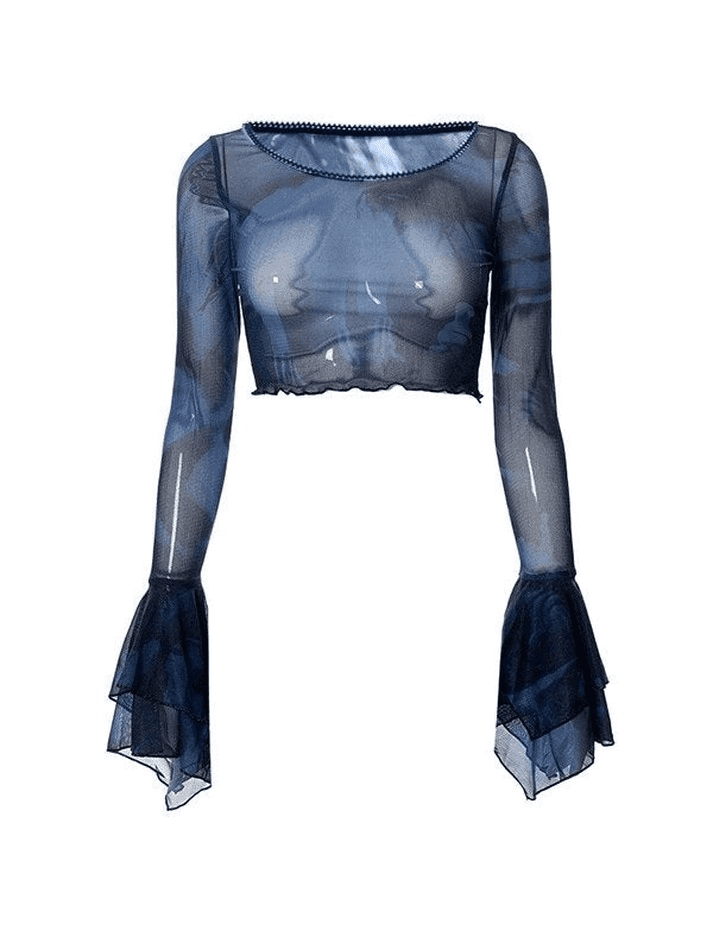 Cropped Flare Cuffs Mesh Blouse