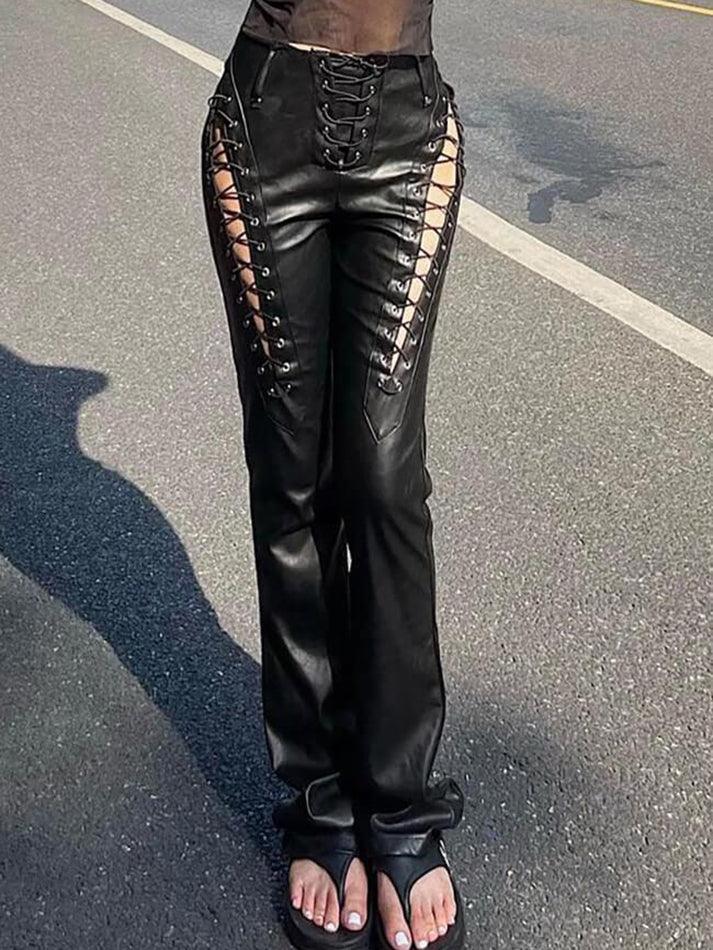 Cut-out Lace Up Pu Leather Pants