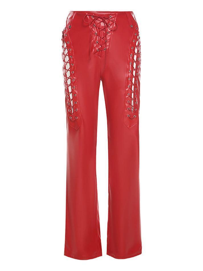 Cut-out Lace Up Pu Leather Pants