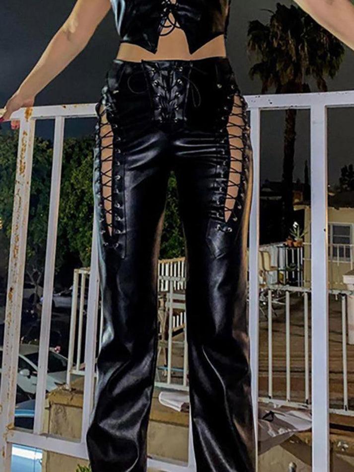 Cut-out Lace Up Pu Leather Pants