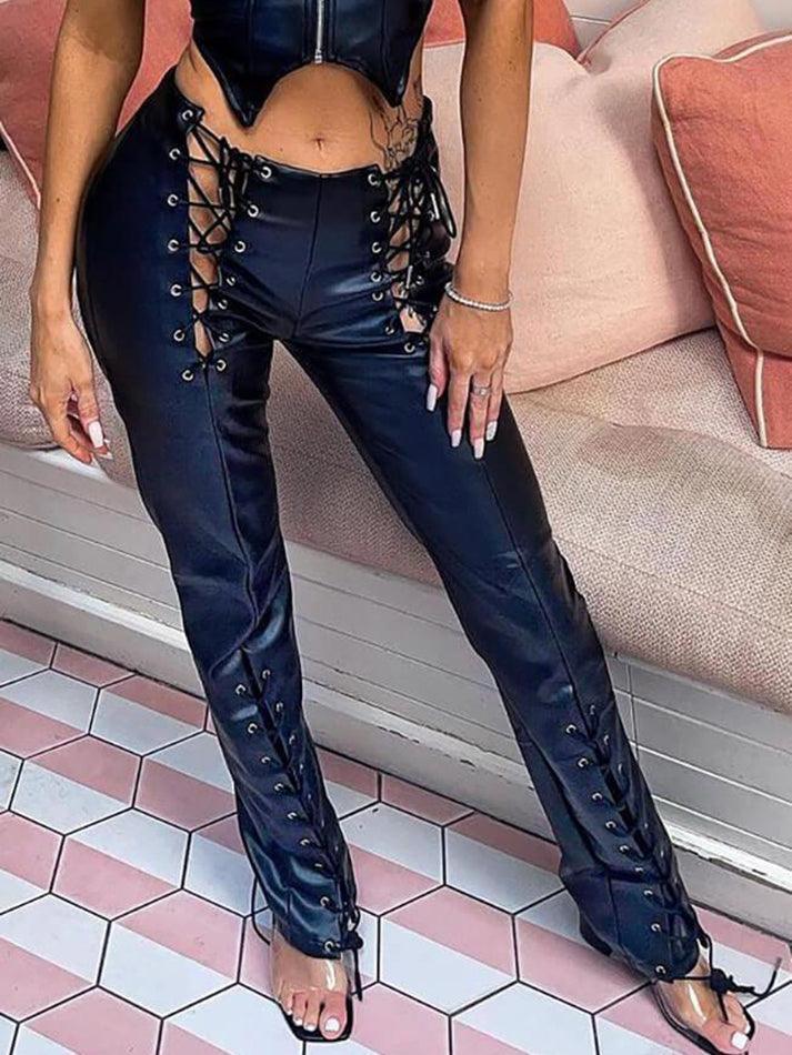 Cut-out Lace Up Pu Leather Pants