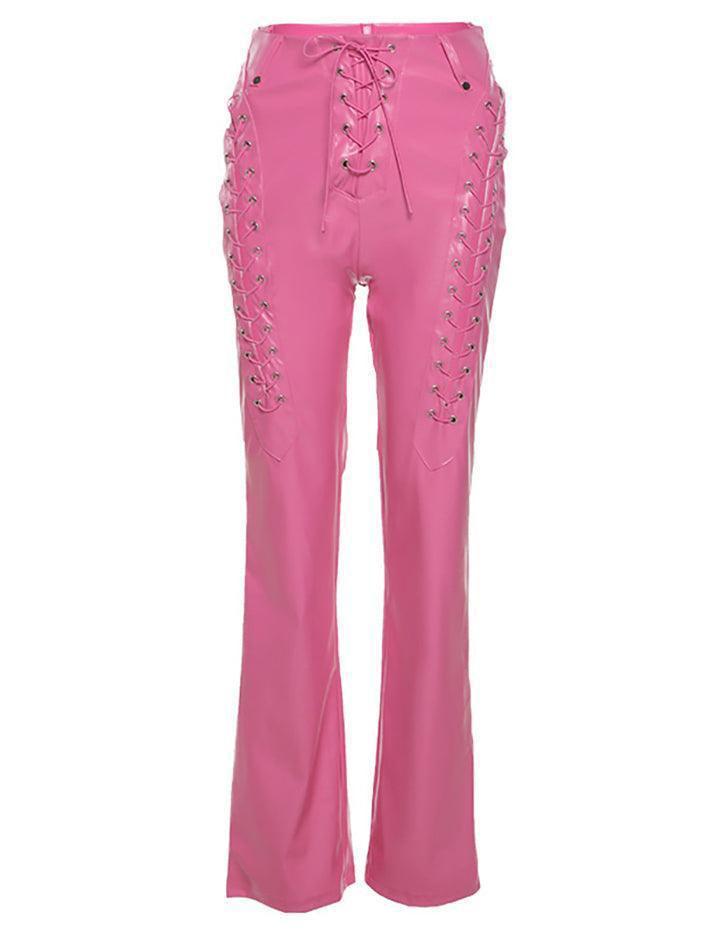 Cut-out Lace Up Pu Leather Pants