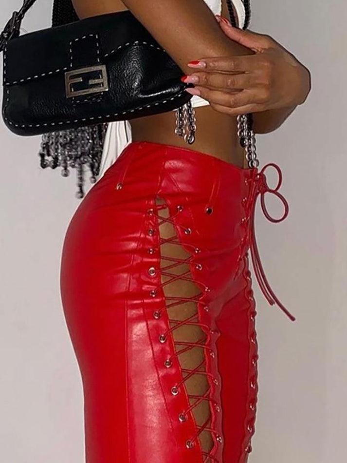 Cut-out Lace Up Pu Leather Pants