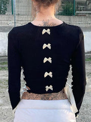 Cutout Lace Up Bow Embellished Long Sleeve Knit