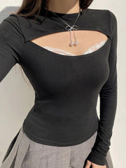 Cutout Lace Splice Long Sleeve Tee