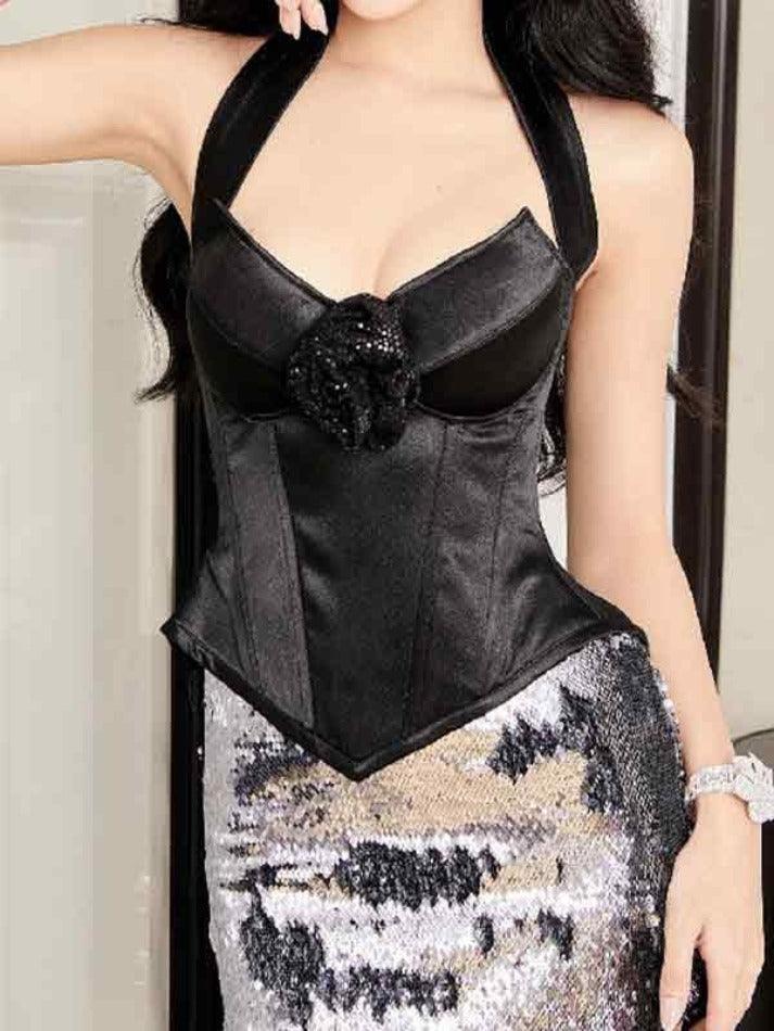 Three-dimensional Flower Decor V Neck Halter Corset Top