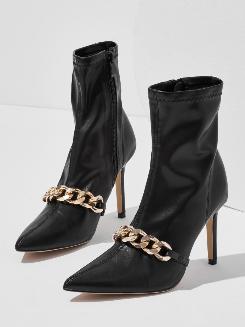 Gold Chain Detail Pointed-Toe Ankle Boots