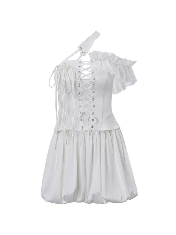 Asymmetric Design Crossover Lacing Corset Bandeau & Puff Hem Skirt Set