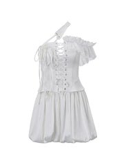 Asymmetric Design Crossover Lacing Corset Bandeau & Puff Hem Skirt Set
