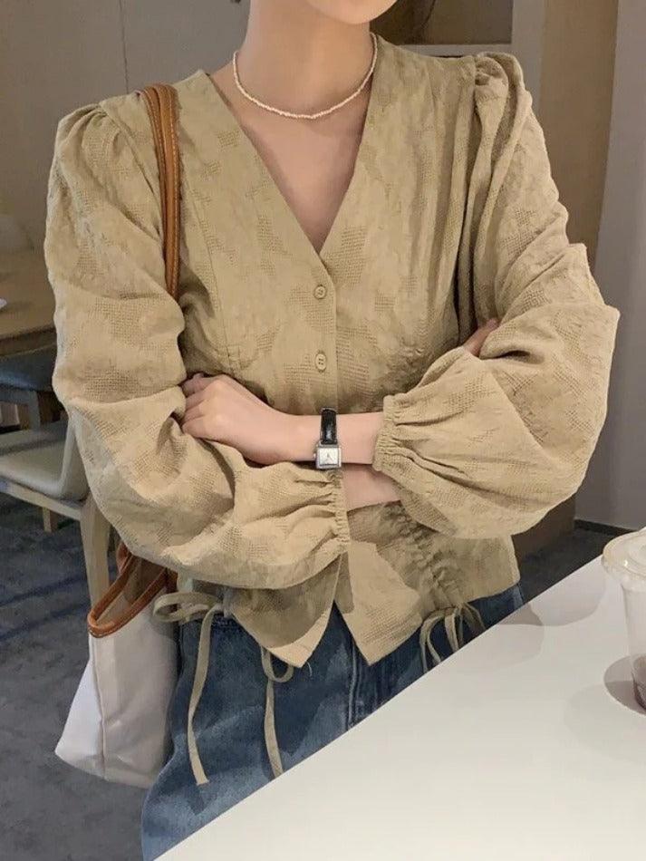 Lace Up Button Front Long Sleeve Blouse