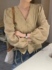 Lace Up Button Front Long Sleeve Blouse