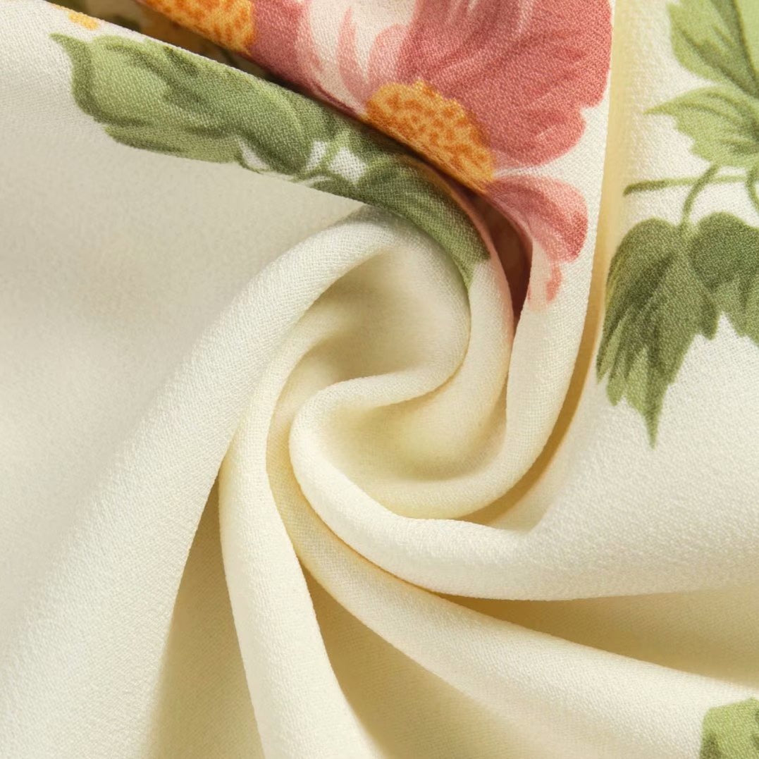 Beige Floral Front Tie Midi Dress