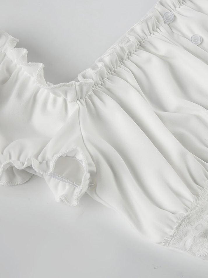 Ruffle Tie Solid White Bubble Sleeve Tee