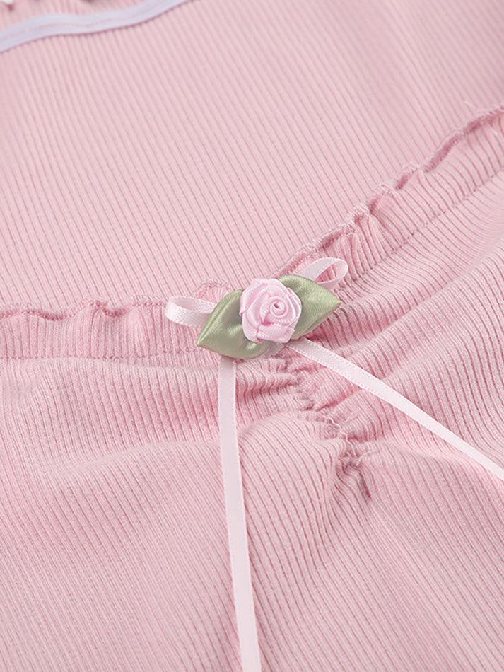 Tie Front Lace Trim Shirred Tee