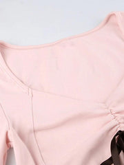 V Neck Bow Tie Front Long Sleeve Tee