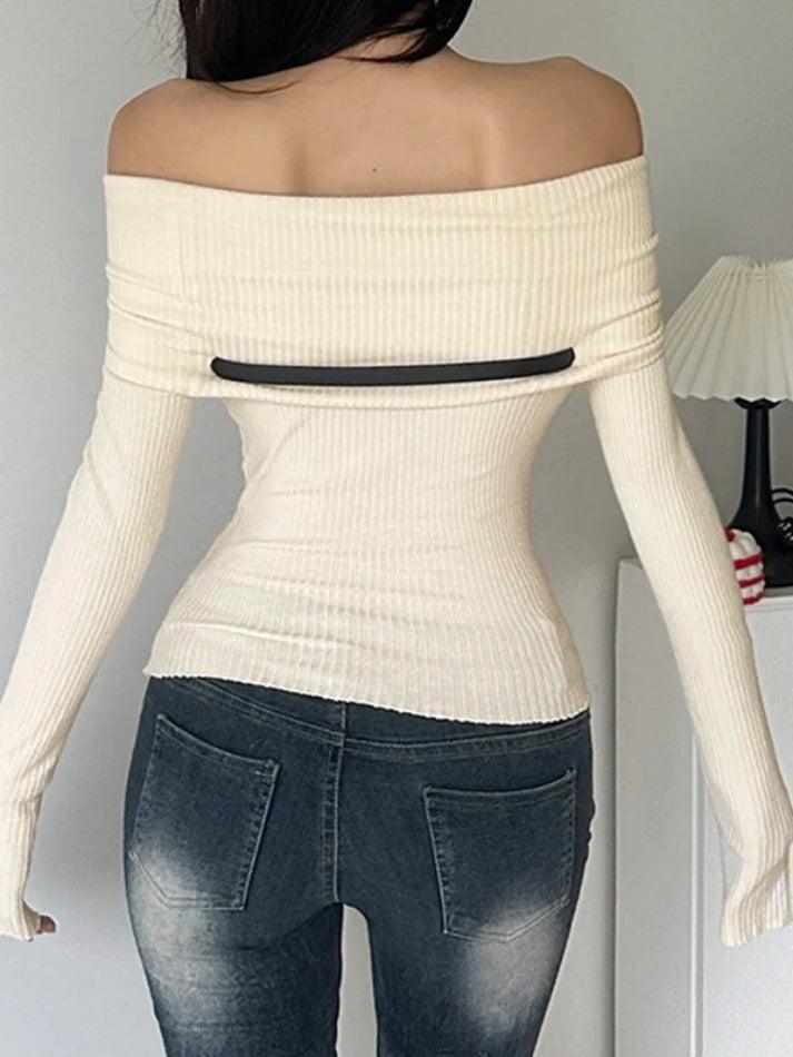 Crossover Off Shoulder Belted Long Sleeve Knit