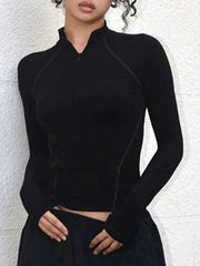 Solid Seam Detail Mock Neck Slim Long Sleeve Tee