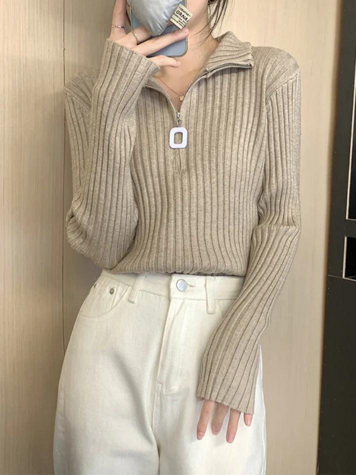 Solid Half Zip Ribbed Knit Sweater